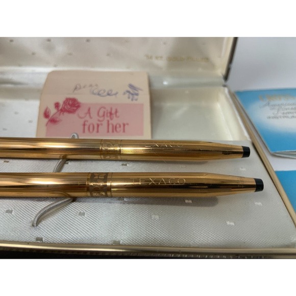 Vtg Texaco Cross l4K Gold Filled Pen & Pencil Set W/Leather Case - Picture 3 of 10